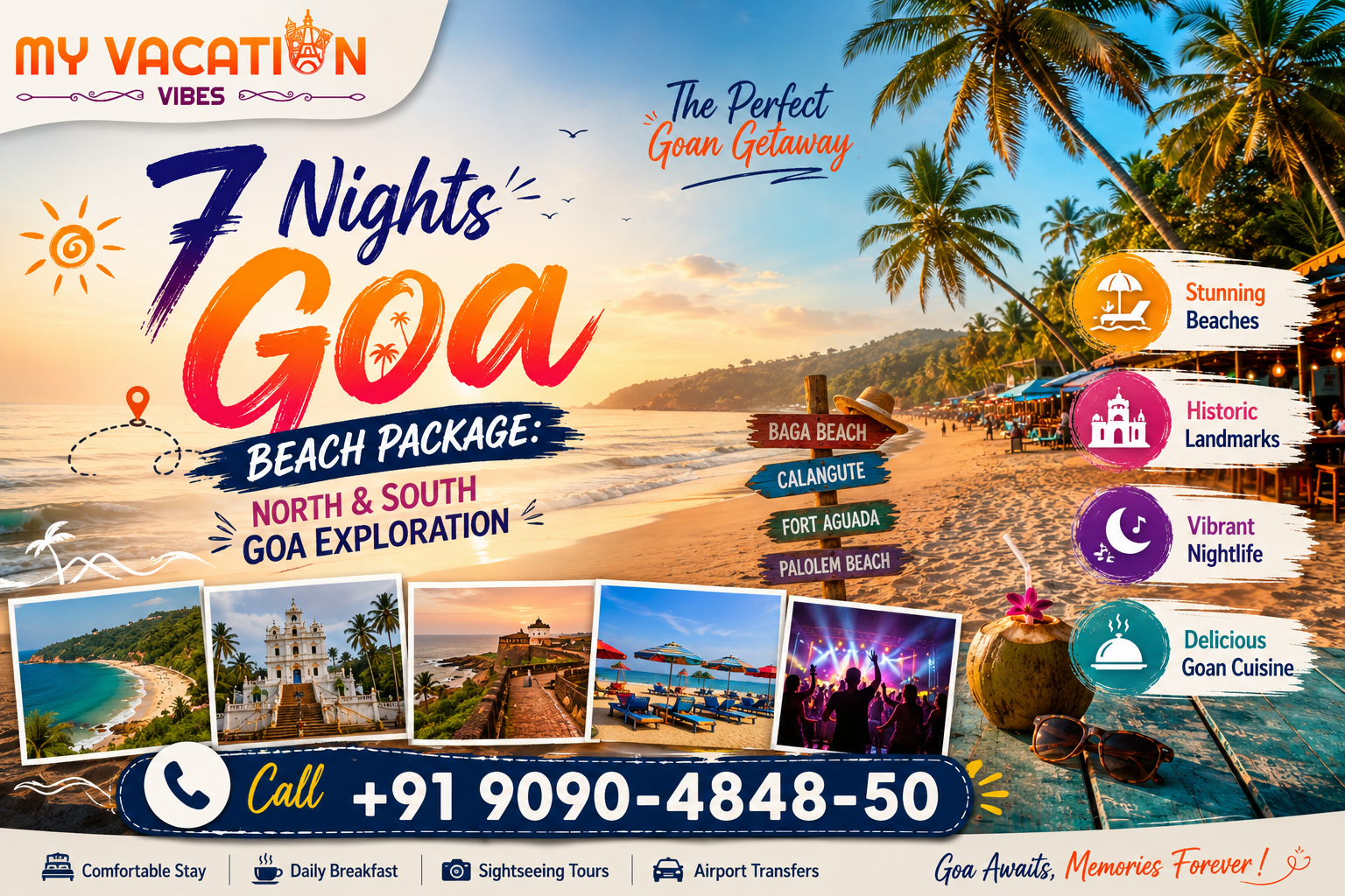 Beach sunset with palm trees, colorful tour ad for 7 Nights Goa. Promotes beaches, landmarks, nightlife. Contact: +91 9090-4848-50.