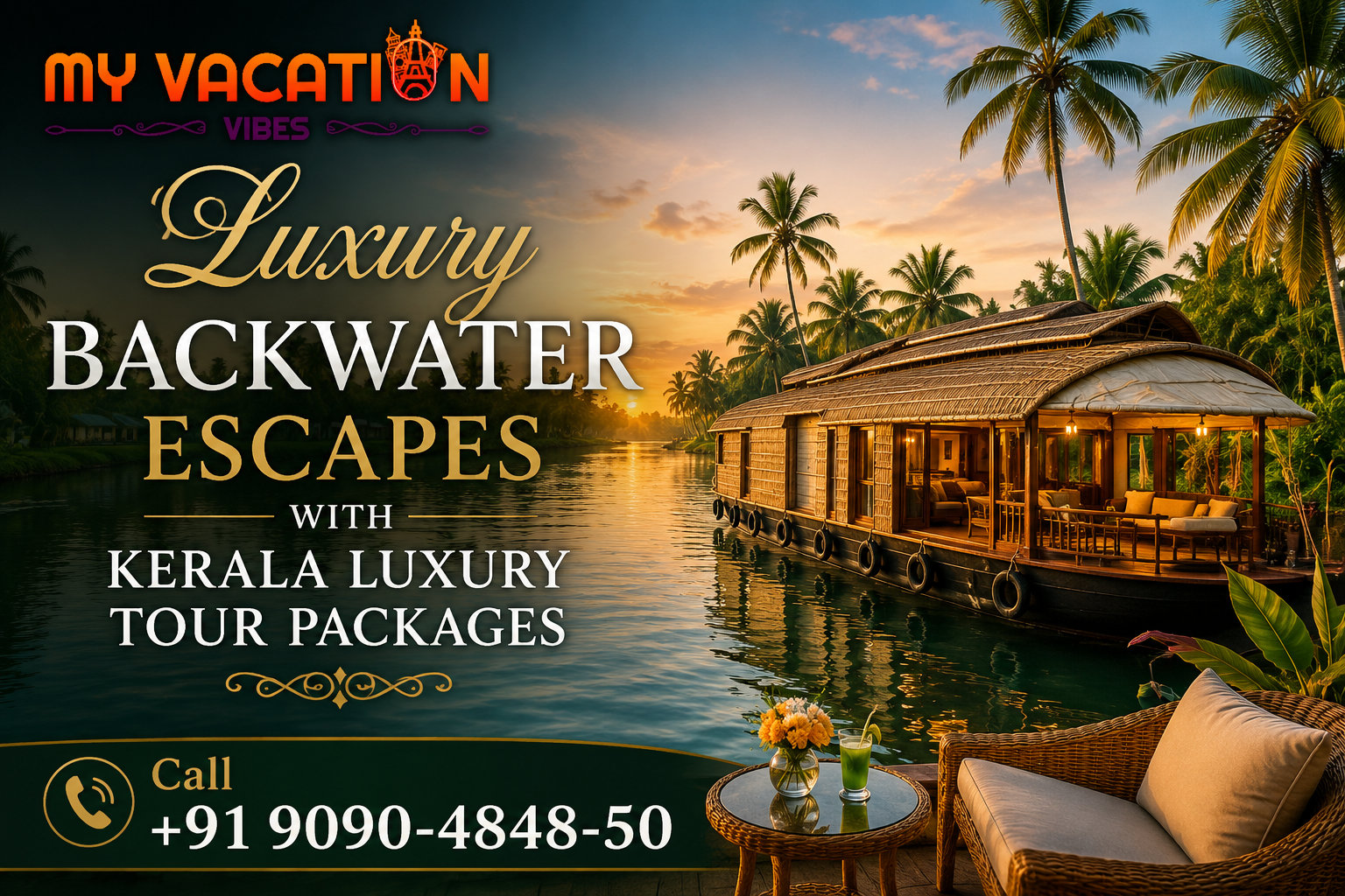 Houseboat on Kerala backwaters at sunset, surrounded by palm trees. Text: "Luxury Backwater Escapes with Kerala Luxury Tour Packages." Call +91 9090-4848-50.