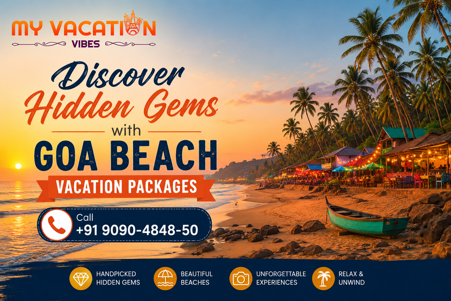 Goa beach vacation poster at sunset with palm trees, shacks, a boat, and text Discover Hidden Gems and Vacation Packages.