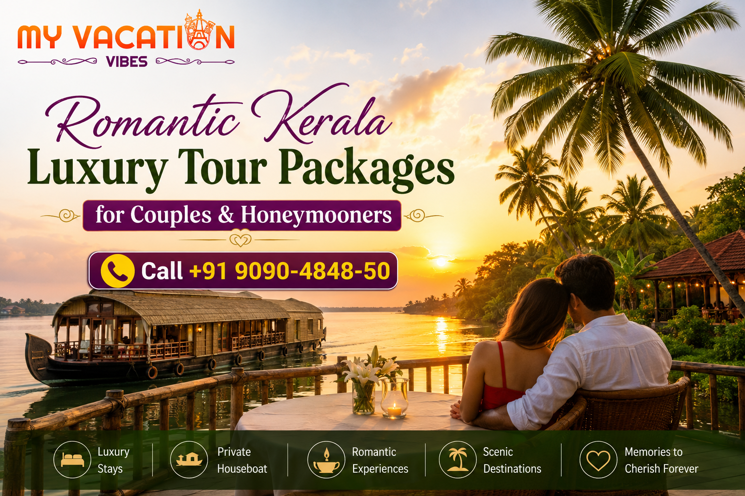 Romantic Kerala luxury tour package advertisement featuring sunset backwaters, houseboat, honeymoon couple, palm trees, luxury resort ambiance, travel logo, and contact number.