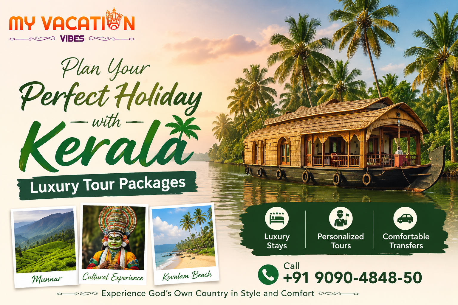 Kerala travel ad with a houseboat on palm-lined backwaters and text: My Vacation Vibes, Plan Your Perfect Holiday in Kerala.