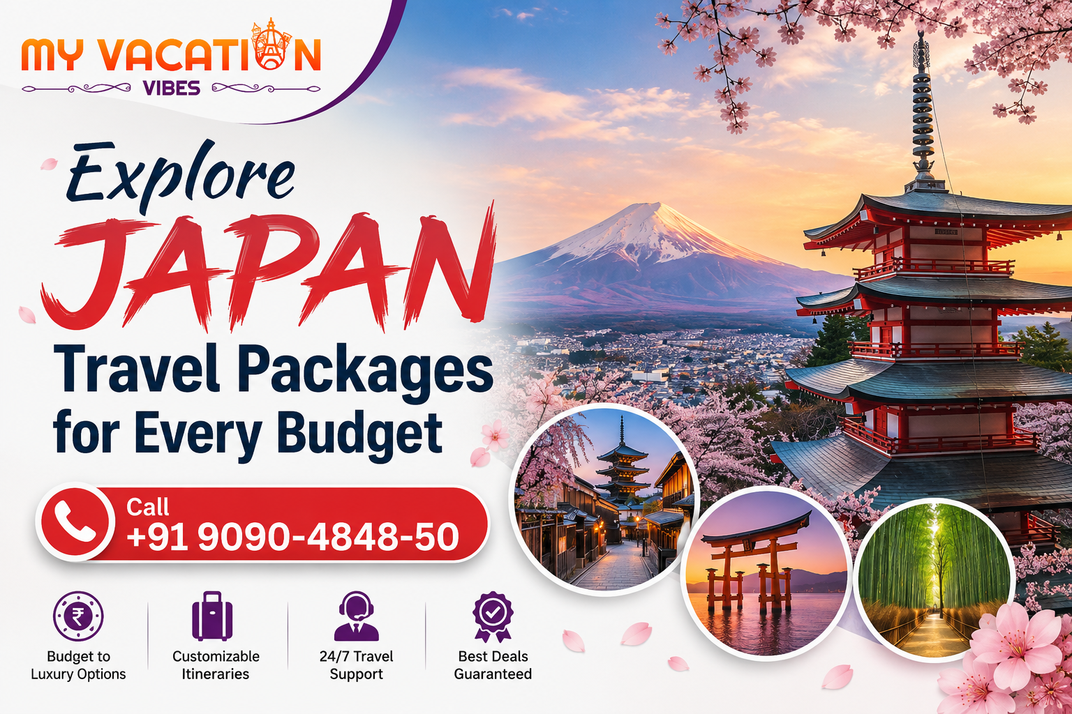Japan travel ad with Mt. Fuji, cherry blossoms, pagoda, torii gate, bamboo grove; text: Explore JAPAN, Travel Packages