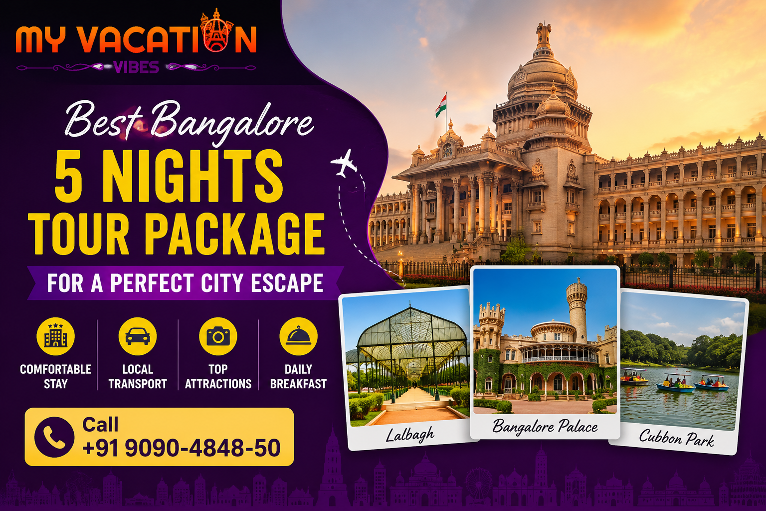 Bangalore travel ad with sunset palace and text Best Bangalore 5 Nights Tour Package; Lalbagh, Bangalore Palace, Cubbon Park.