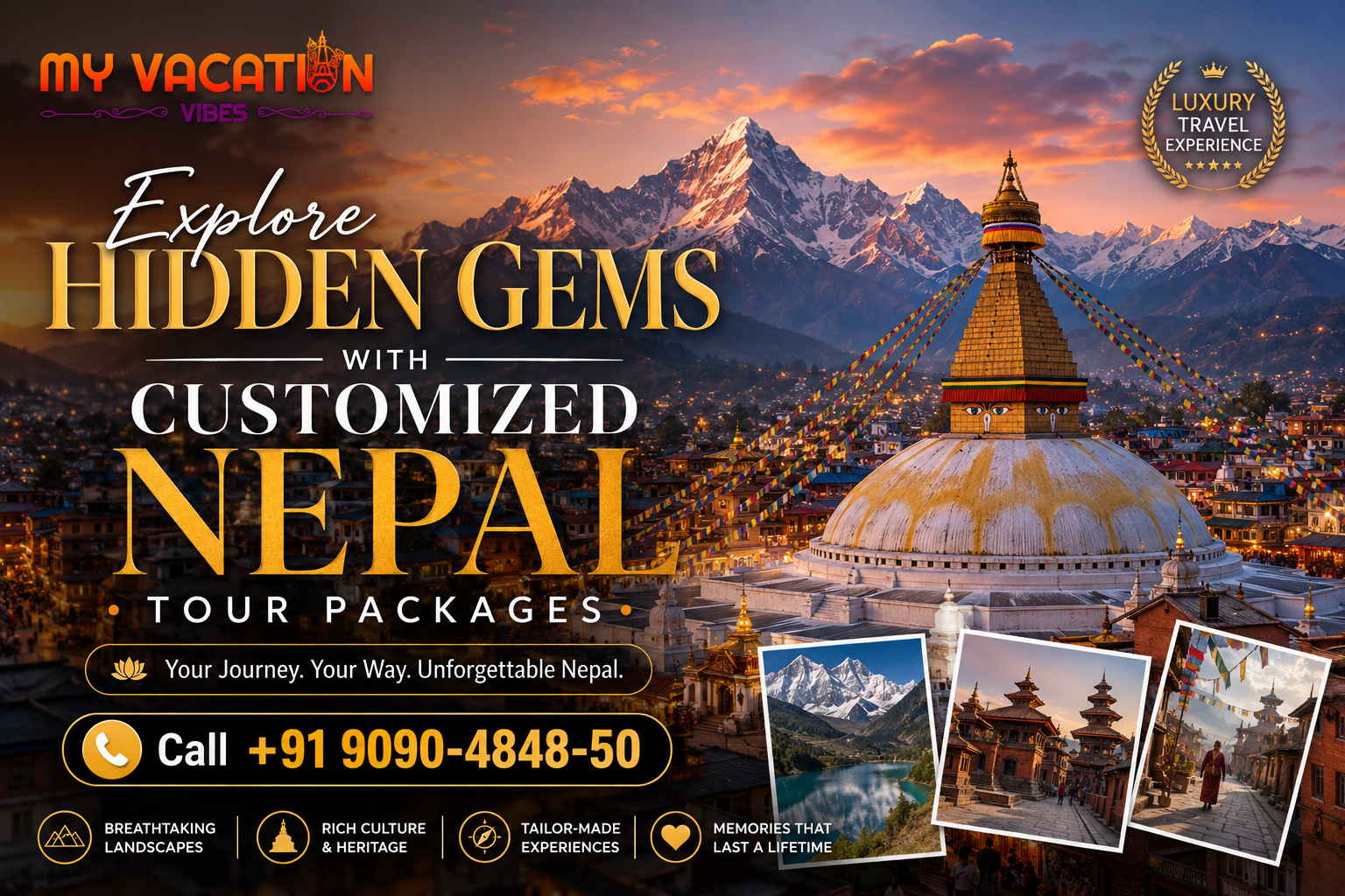 Explore hidden gems in Nepal poster with Himalayan mountains, Boudhanath stupa, sunset cityscape, and tour package text.
