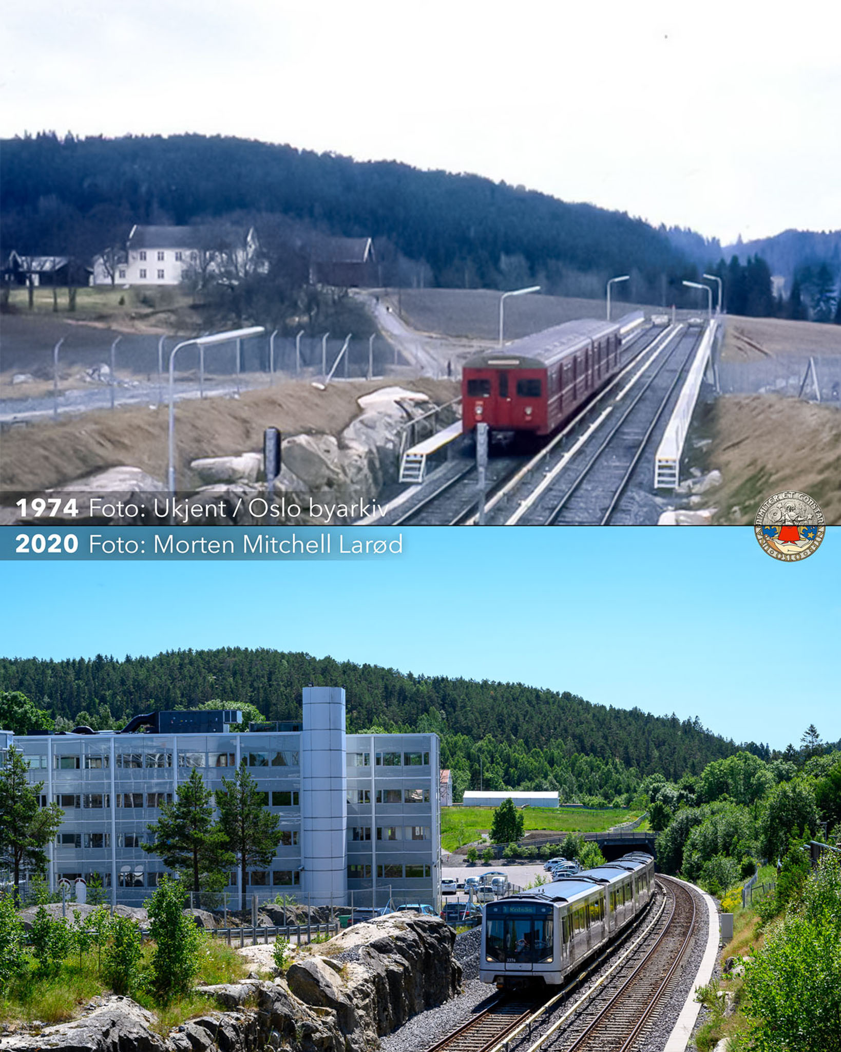 Før og nå bilde av T-banen på vei fra Mortensrud til Skullerud T-banestasjon