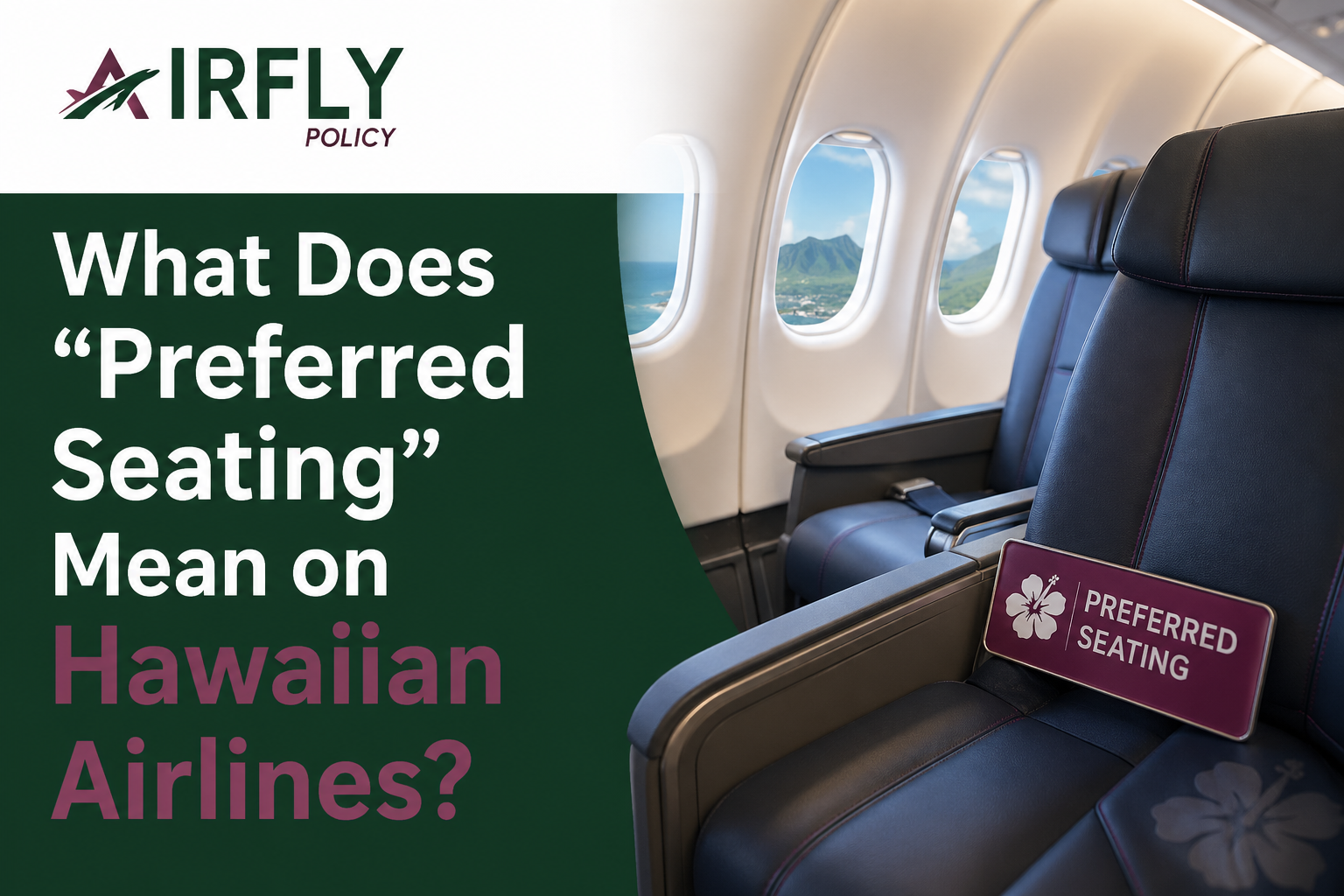 Airplane interior with blue seats and "Preferred Seating" sign. Text asks about its meaning on Hawaiian Airlines. Plane windows show a scenic view.