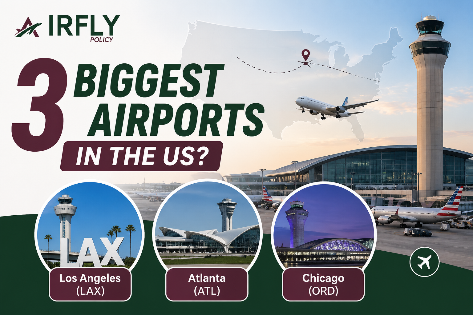 Infographic showing three biggest US airports: LAX, Atlanta (ATL), Chicago (ORD). Airplane, control tower, and a US map background.