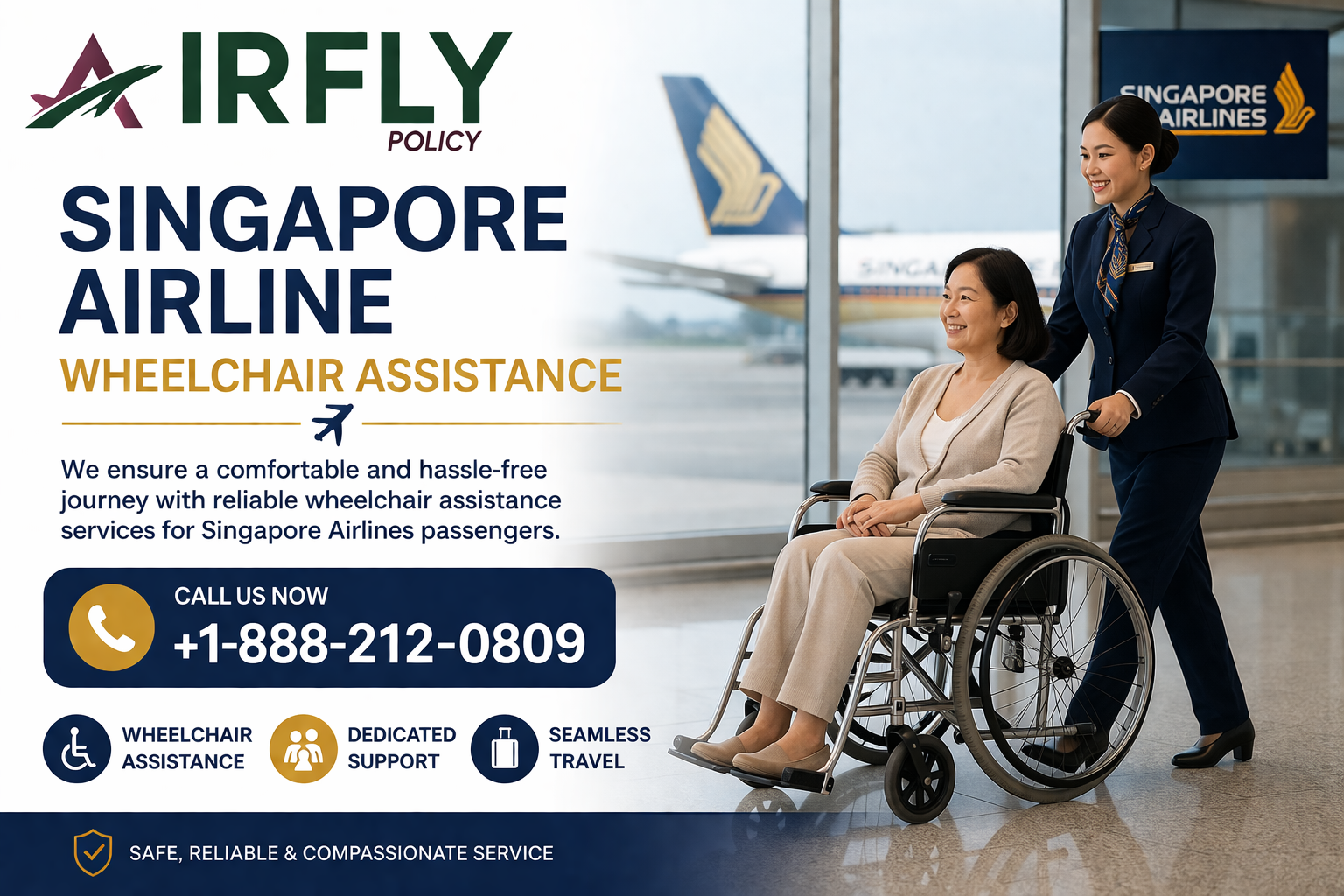 Smiling woman in wheelchair assisted by airline staff in blue uniform. Singapore Airlines signage and plane in background. Text: Wheelchair Assistance.