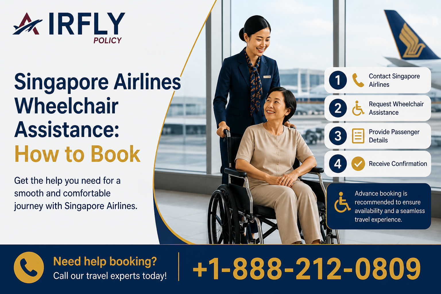 Airline staff assists a smiling woman in a wheelchair at the airport. Text details booking steps and contact info for wheelchair assistance.