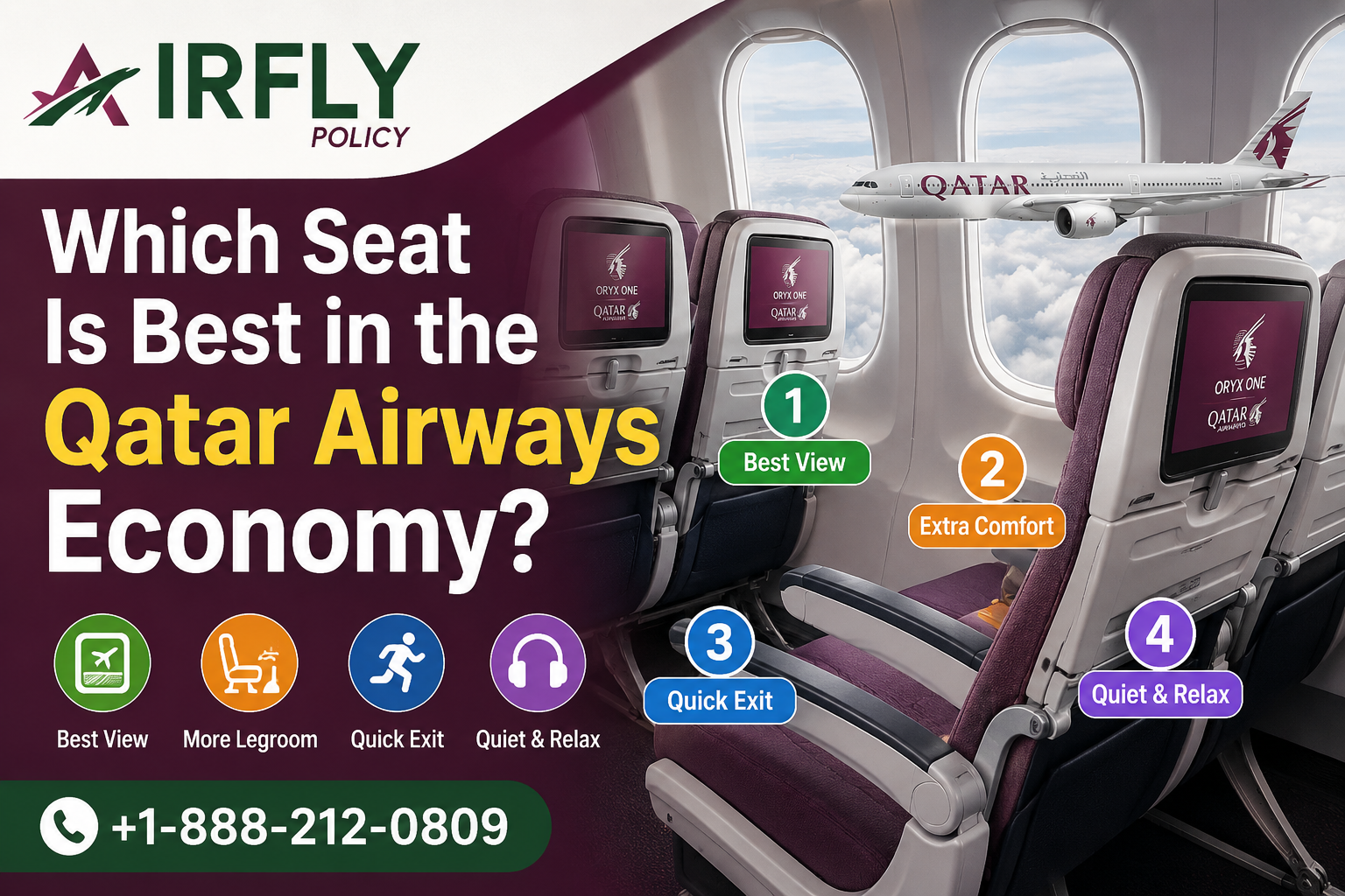 Plane seats with screens showing "ORYX ONE Qatar" logo. Text asks "Which Seat Is Best in the Qatar Airways Economy?" with seat features.
