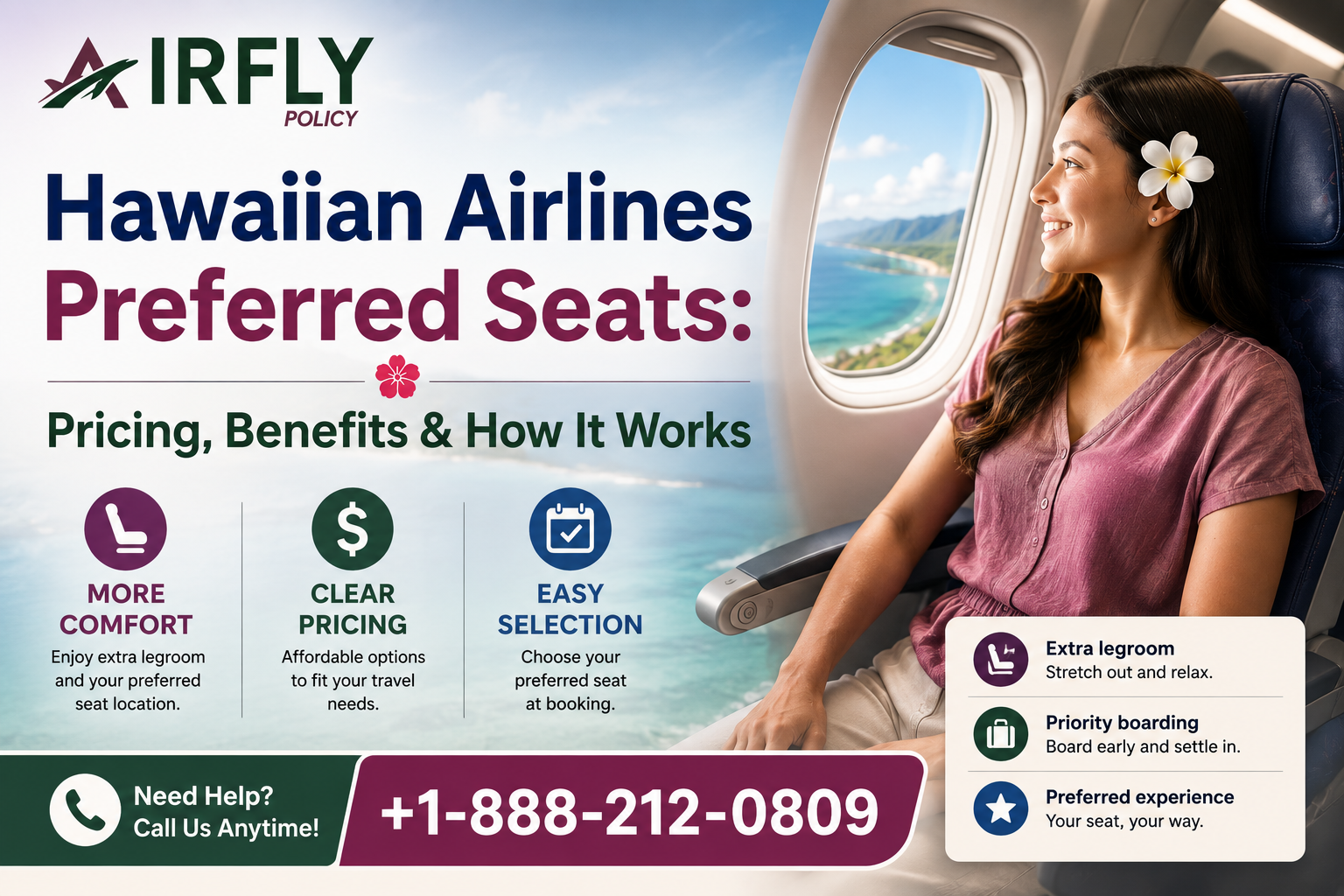 Woman with a flower in her hair smiles by an airplane window. Text promotes Hawaiian Airlines preferred seats, benefits, and contact info.