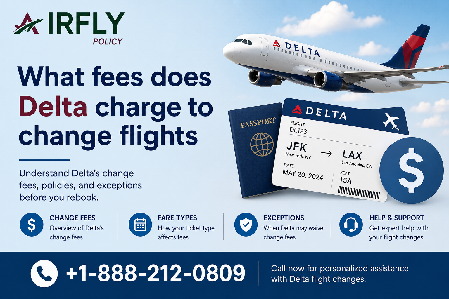 Airplane in the sky with Delta ticket and passport. Text explains Delta's change fees and policies. Contact info: +1-888-212-0809.