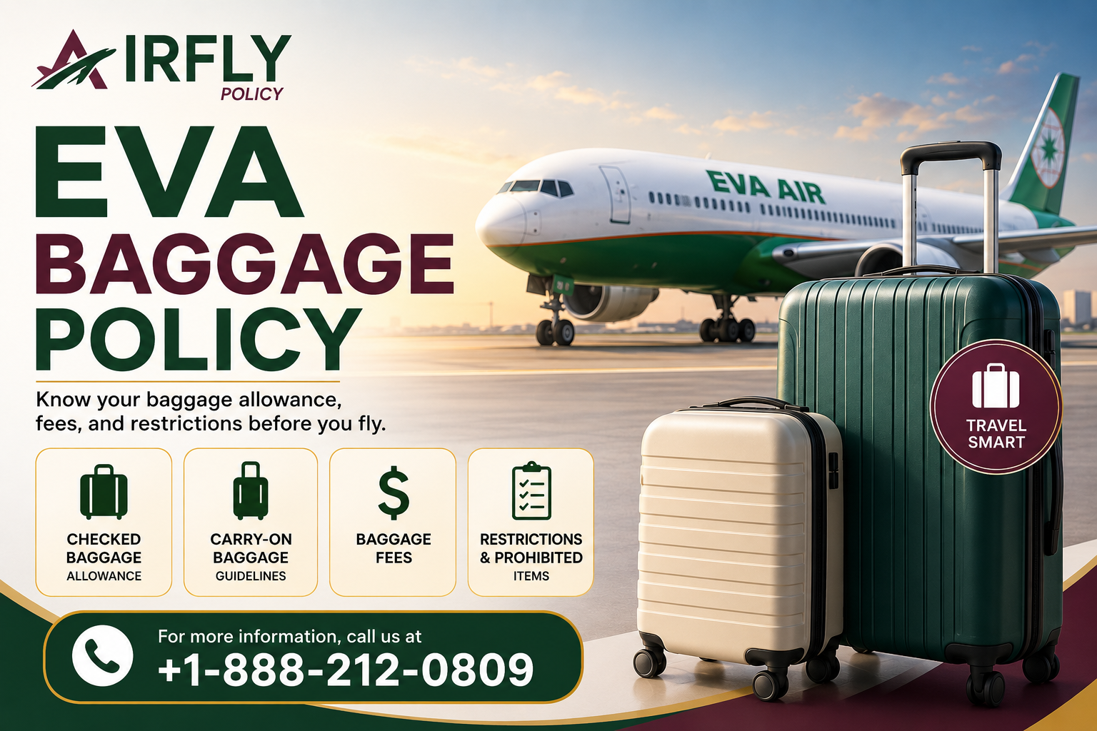 Airplane with two suitcases on runway, text on EVA baggage policy with details on allowances, fees, restrictions. Call +1-888-212-0809.