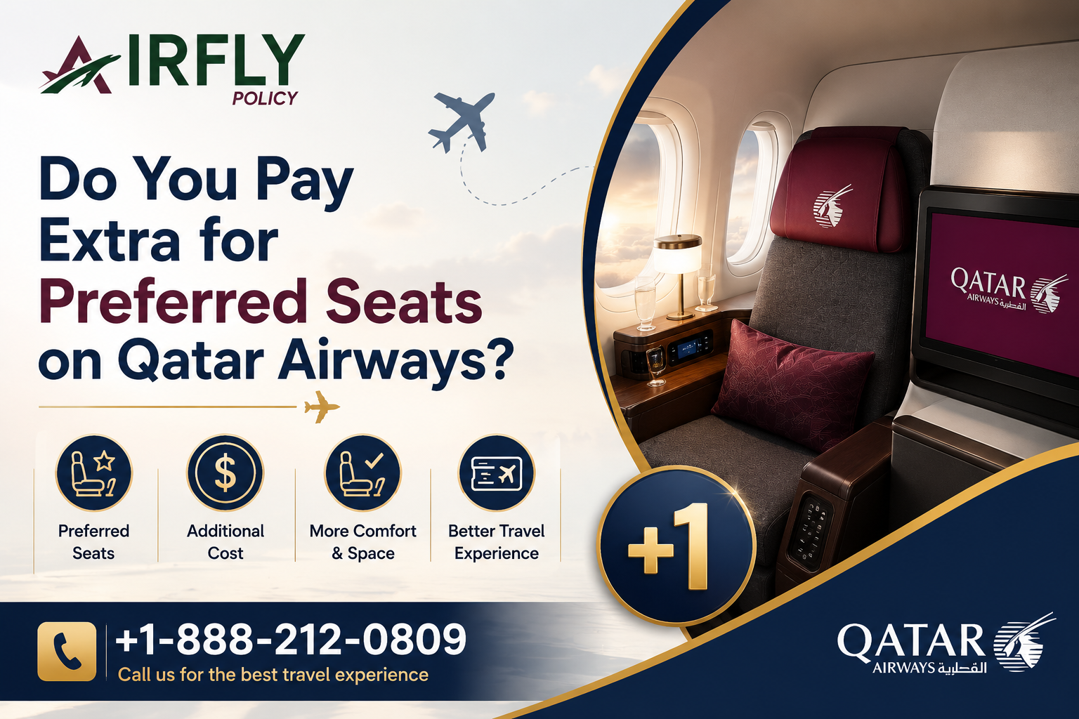 Ad promoting Qatar Airways preferred seats. Features airplane cabin with luxurious seat, windows, and screen. Contact info and benefits listed.