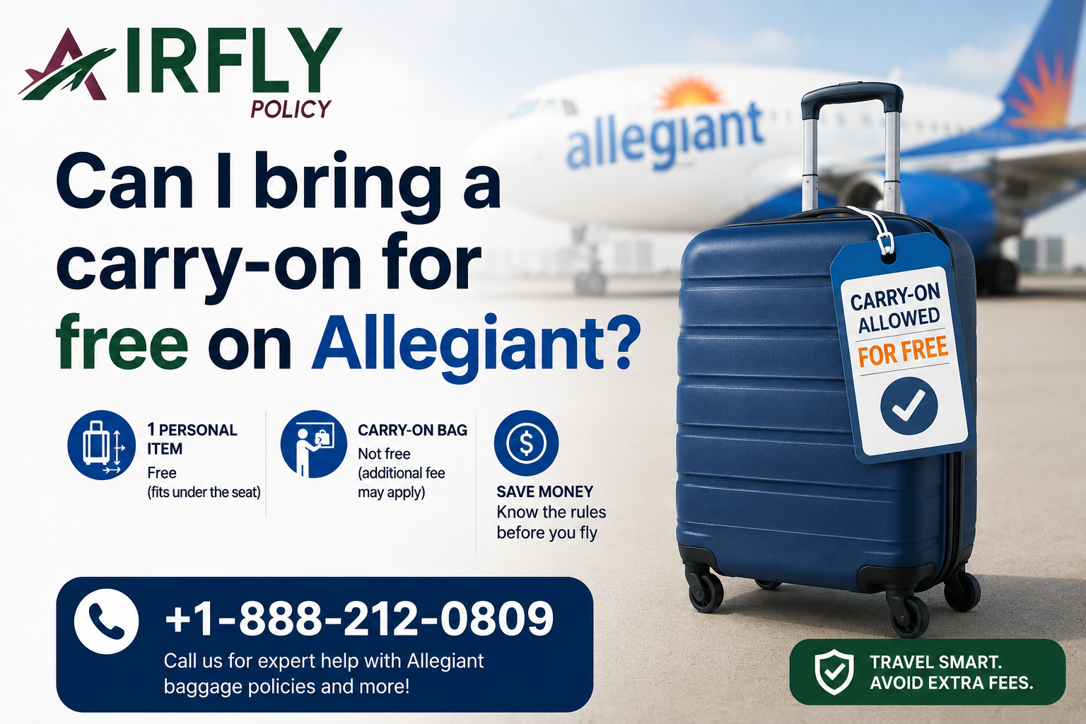 Blue suitcase with a tag stating "Carry-on allowed for free" near an Allegiant plane. Text asks about free carry-on. Contact info displayed.
