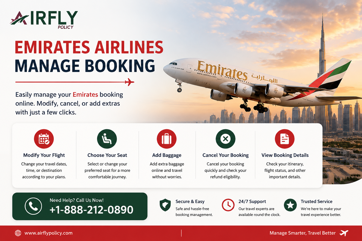 Emirates plane flying over city skyline at sunset. Text on managing bookings online is displayed with icons for modifying flights and support.