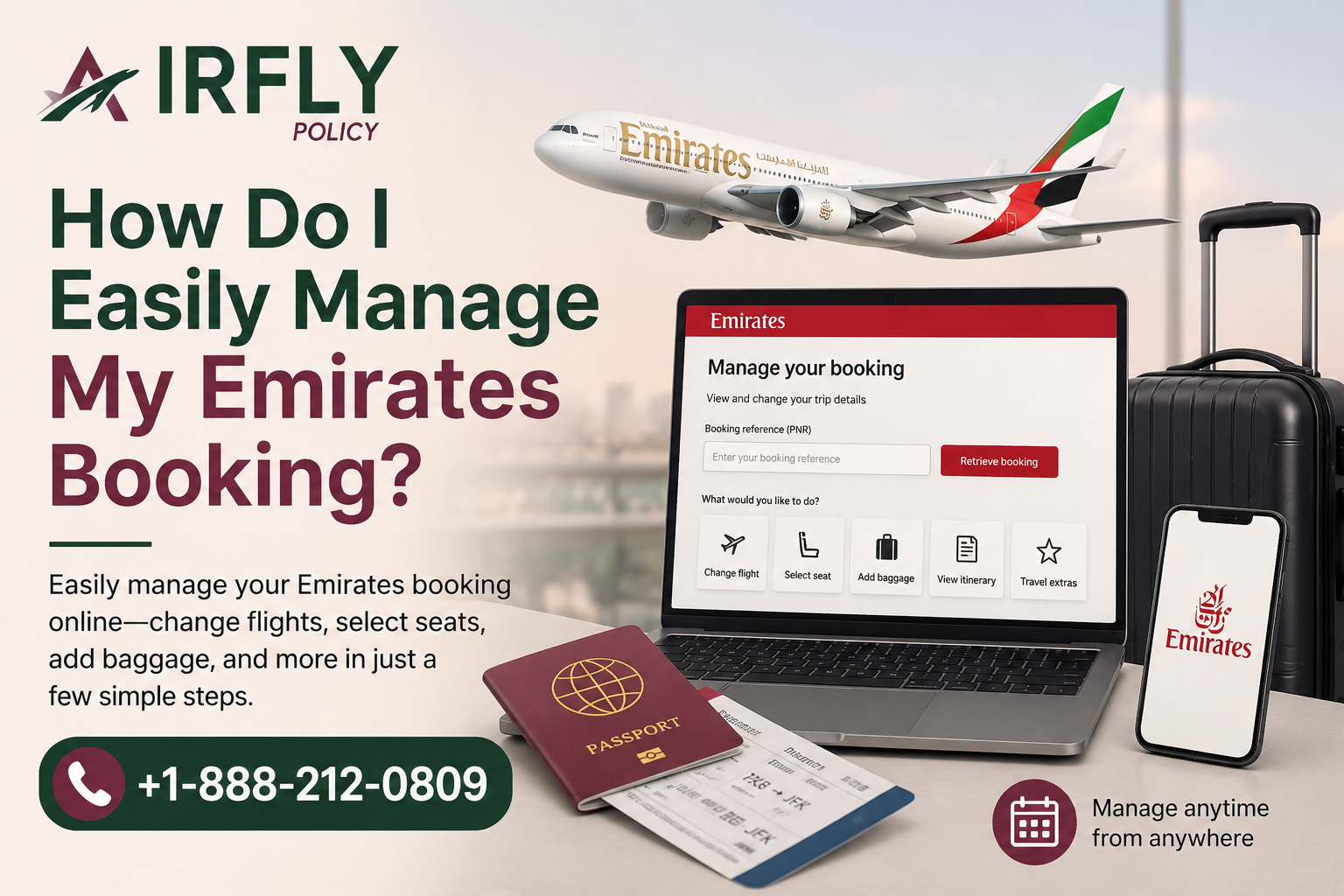 Emirates plane flying above; laptop displays booking page. Passport and tickets on table, luggage nearby. Text: How Do I Easily Manage My Emirates Booking?