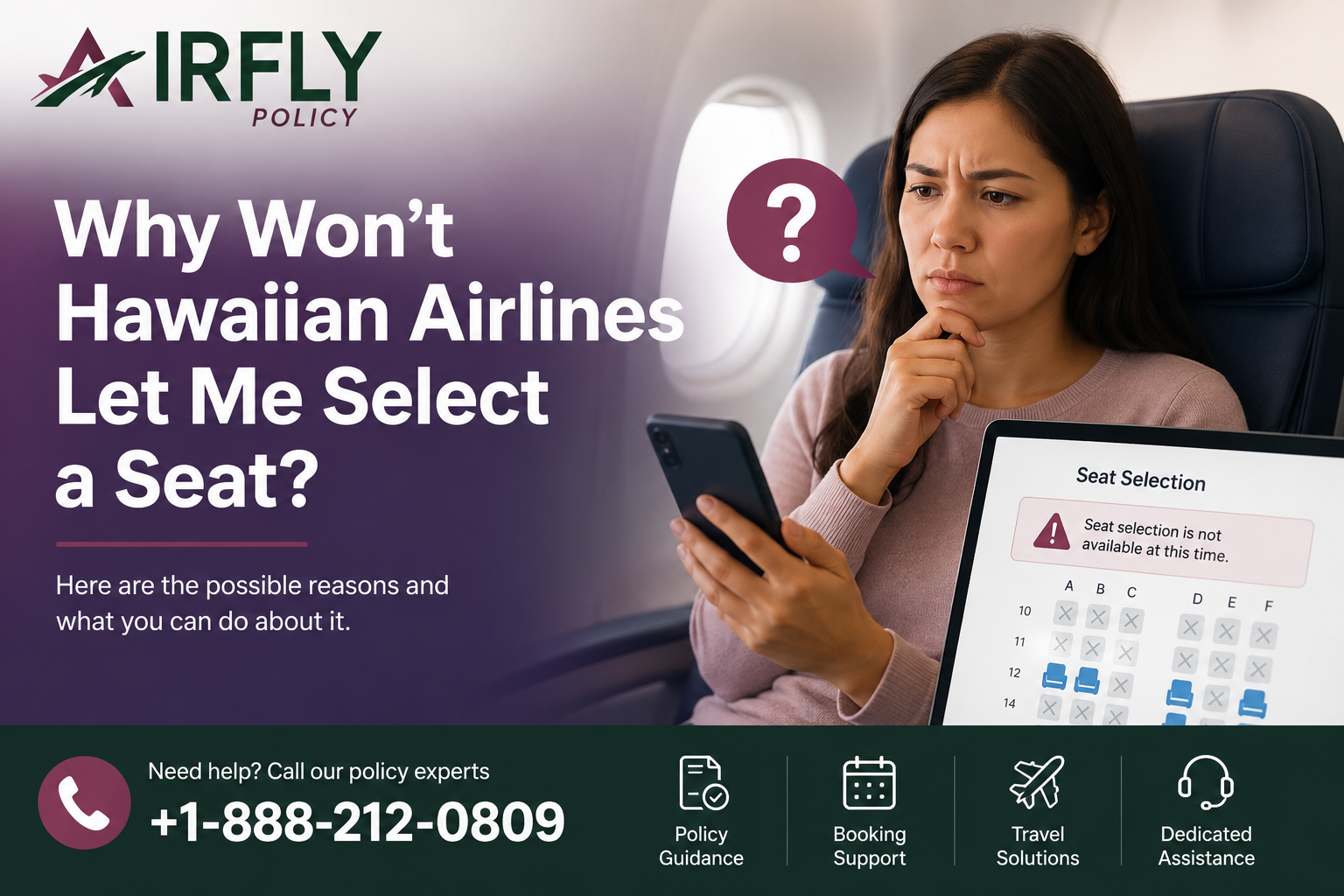 Woman on airplane, puzzled with phone, beside laptop showing Seat Selection unavailable; Airfly Policy ad about Hawaiian Airlines.