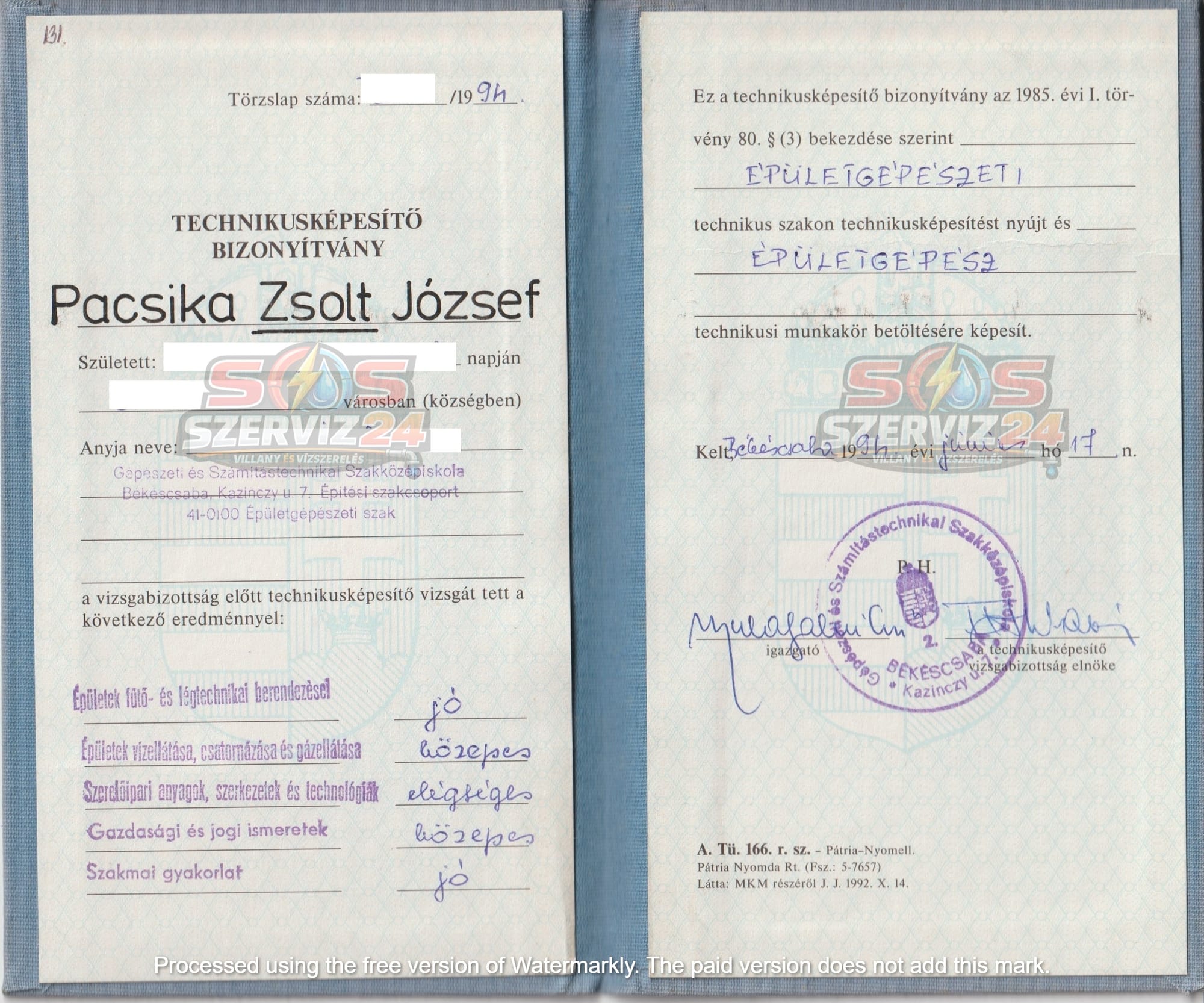 Épületgépész Bizonyítvány