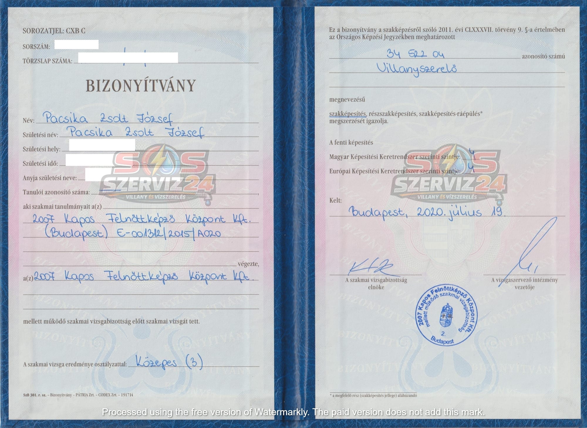 Villanyszerelő Bizonyítvány