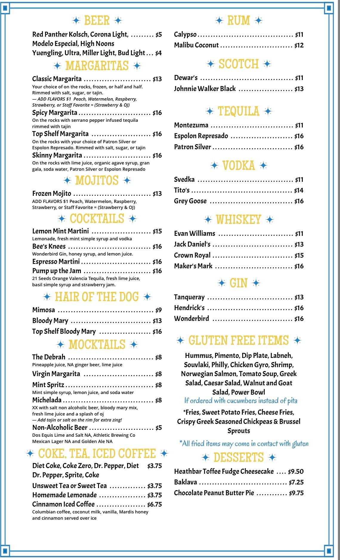 Kids menu, drinks, gluten free menu