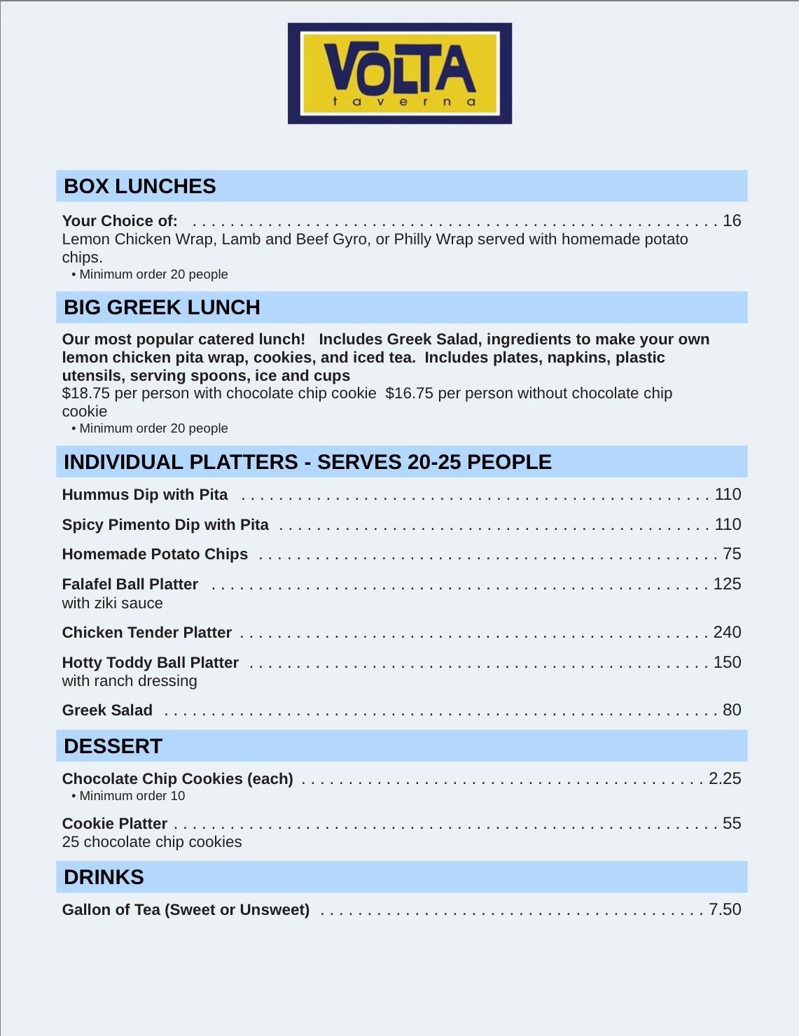 Catering menu