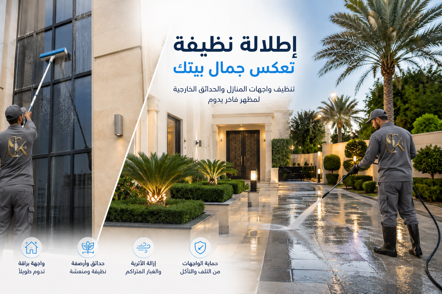 alt="فناء منزل حديث ونظيف بعد خدمات غسيل وتنظيف الحدائق والواجهات من شركة سوبر فاست بالكويت"