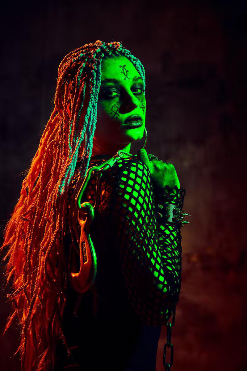 Cyberpunk portrait with extreme neon green futuristic body modifications