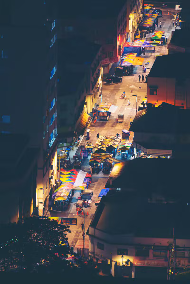 Night market with cinematic crowd movement