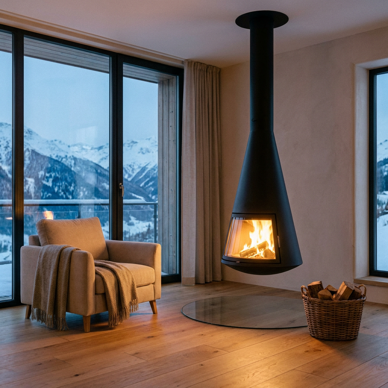 Cozy private cabin interior with a fireplace and mountain view