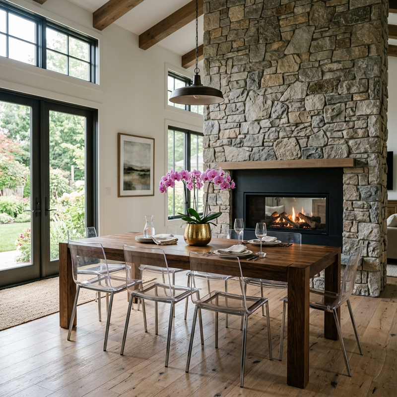 Elegant hearth dining table inside a mountain lodge