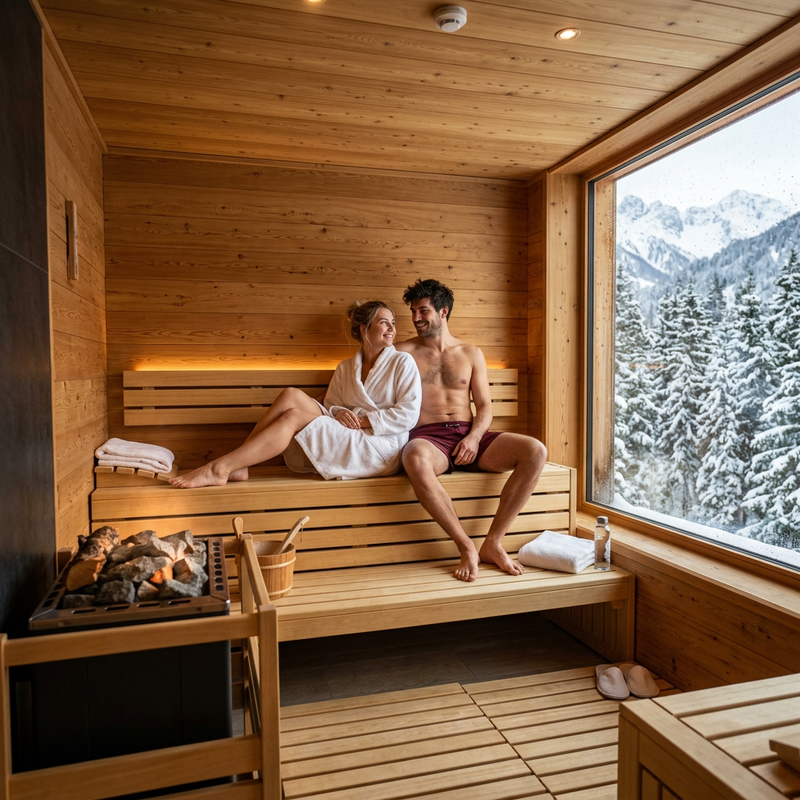 Cedar sauna at a mountain wellness retreat