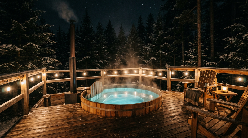 Luxury cabin deck overlooking a misty pine forest