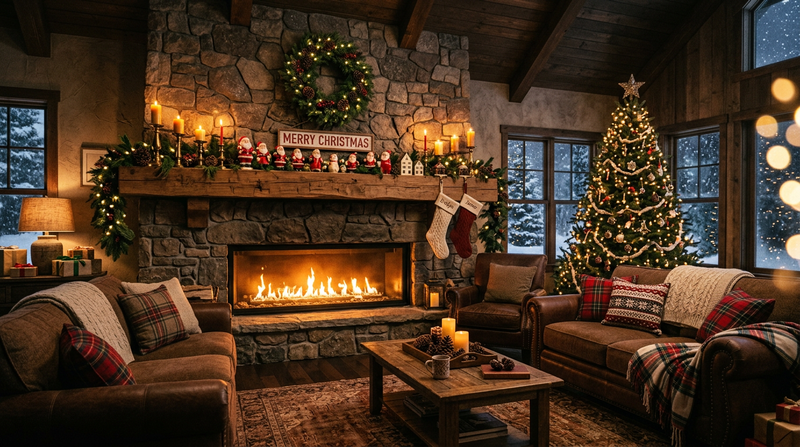 Cozy fireplace evening inside a mountain lodge