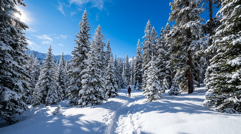 Guided snowshoe trail through pine forest