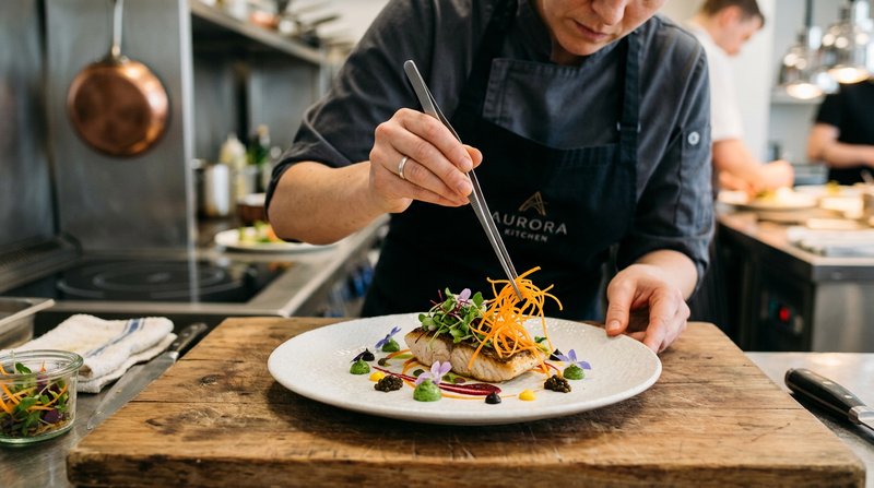 Chef plating fine dining at a mountain lodge