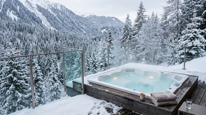 Outdoor soaking tub beneath mountain stars