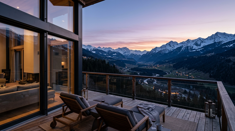 Northline Lodge glowing at dusk beneath alpine peaks