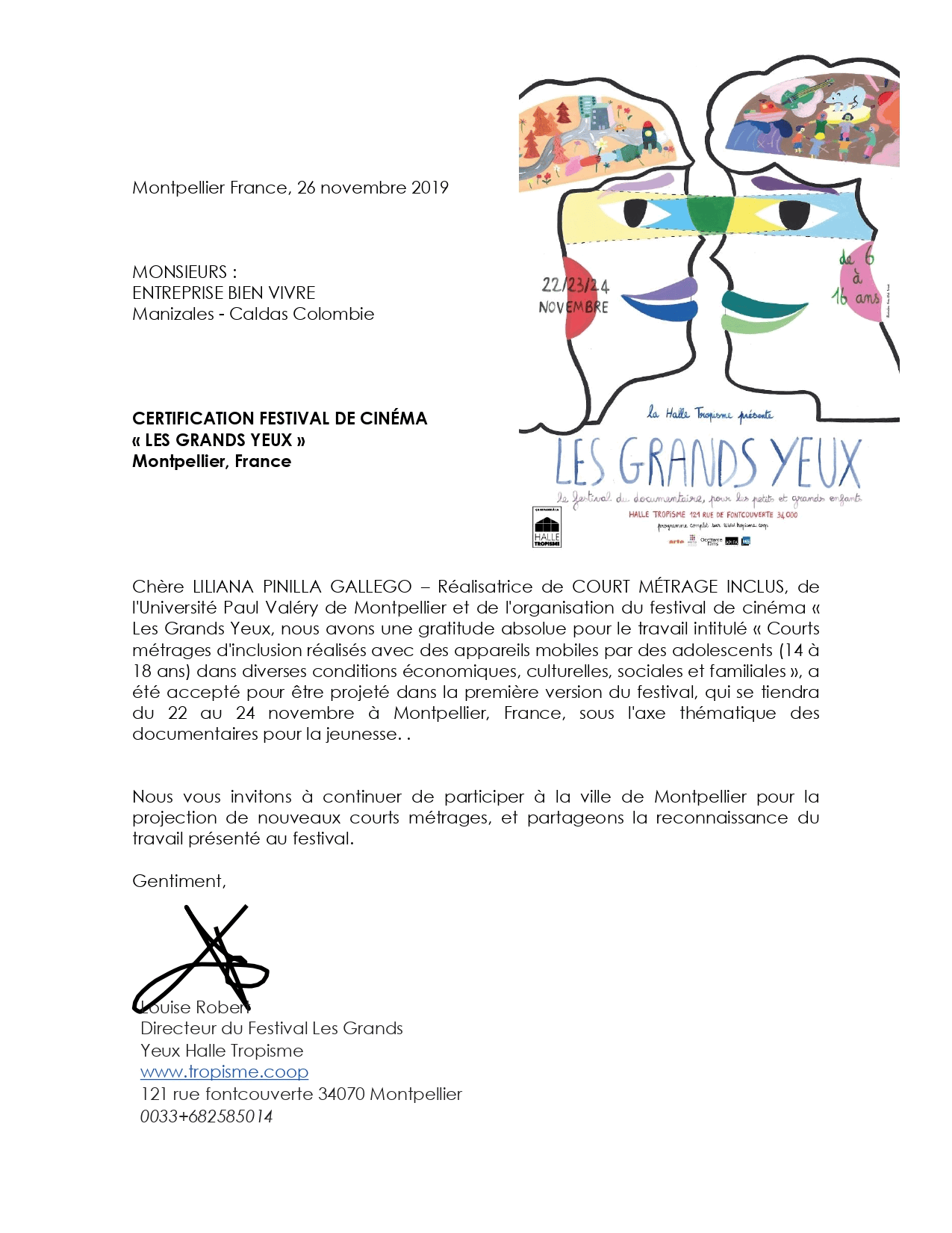 PARTICIPACIÓN FESTIVAL DE CINE FRANCES "LES GRANDS YEUX"