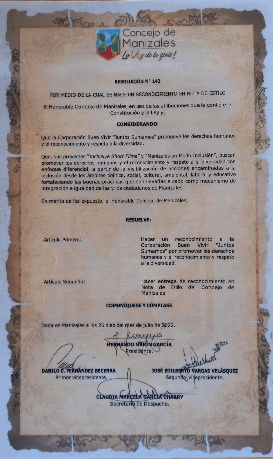 RECONOCIMIENTO CONCEJO DE MANIZALES