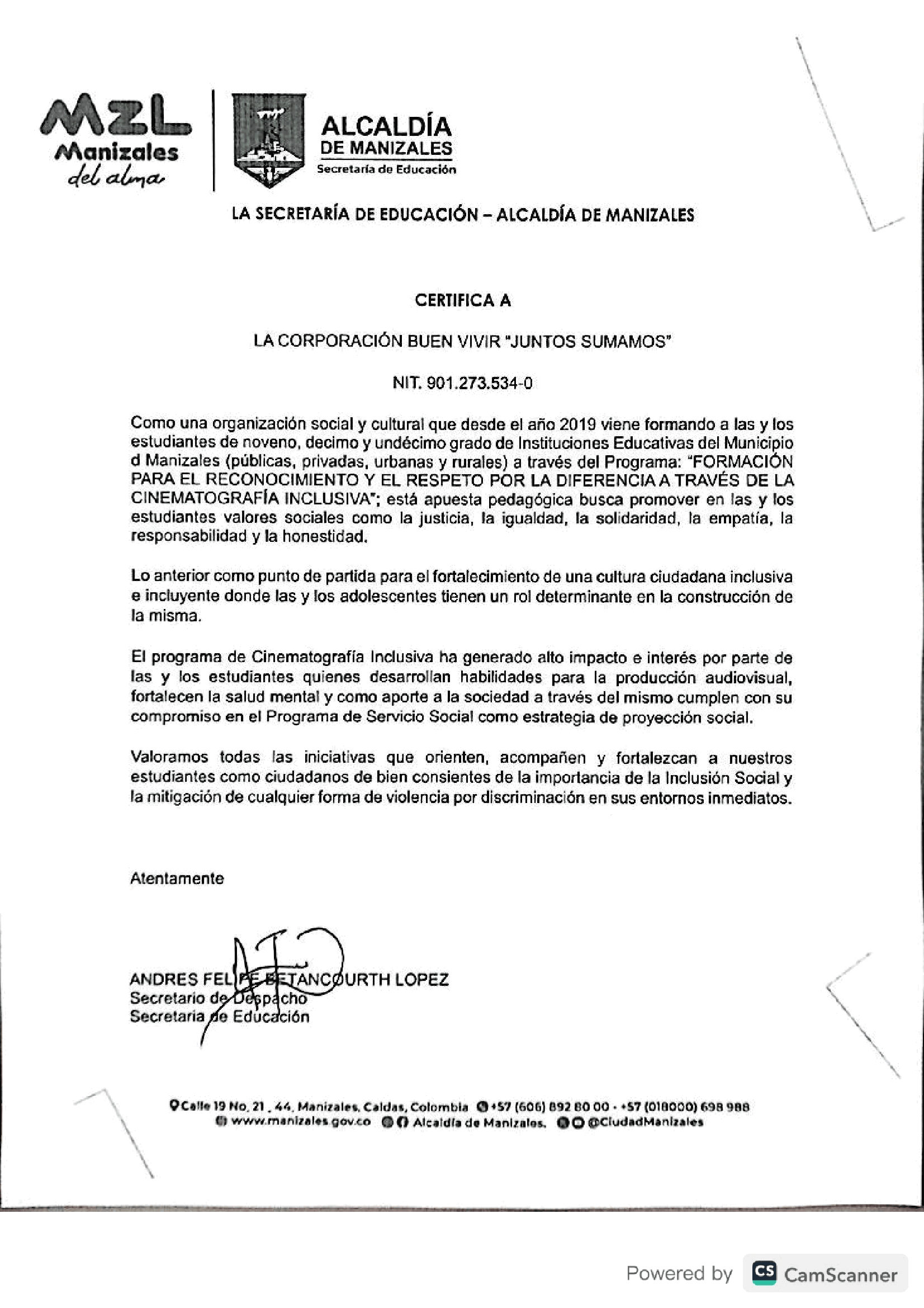 RECONOCIMIENTO SECRETARIA EDUCACIÓN MANIZALES