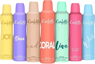 Confetti London Deodorant Body Spray 250ml aerosol can.