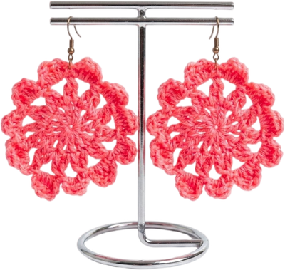 Handmade Pink Bloom crochet flower earrings.