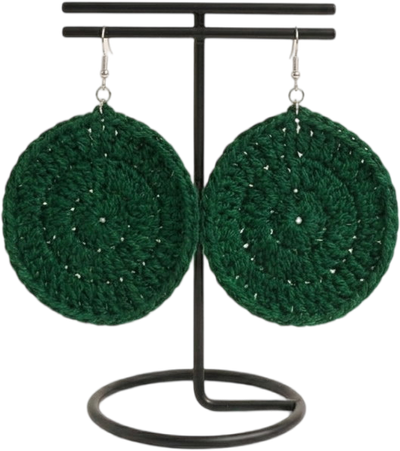 Artisan Large Forest Green Circular crochet statement earrings with silver hooks by Doraaj Accessories.