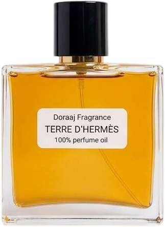 Doraaj Fragrance Terre D'Hermes impression 100% concentrated perfume oil in a minimal glass bottle on a plain white background.