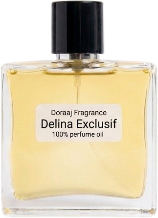Doraaj Fragrance Delina Exclusif impression 100% concentrated perfume oil in a minimal glass bottle on a plain white background.
