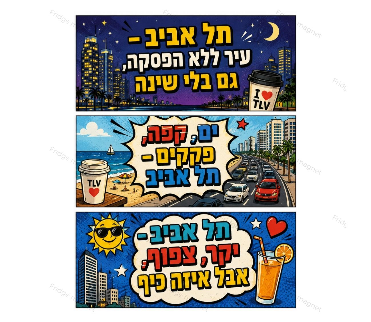 מארז 3 מגנטים תל אביב זה וייב – פקקים, צפוף ויקר אבל כיף