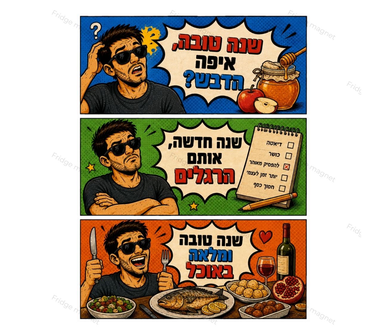 מארז 3 מגנטים שנה טובה בישראל – צחוקים, משפחה ואווירת חג