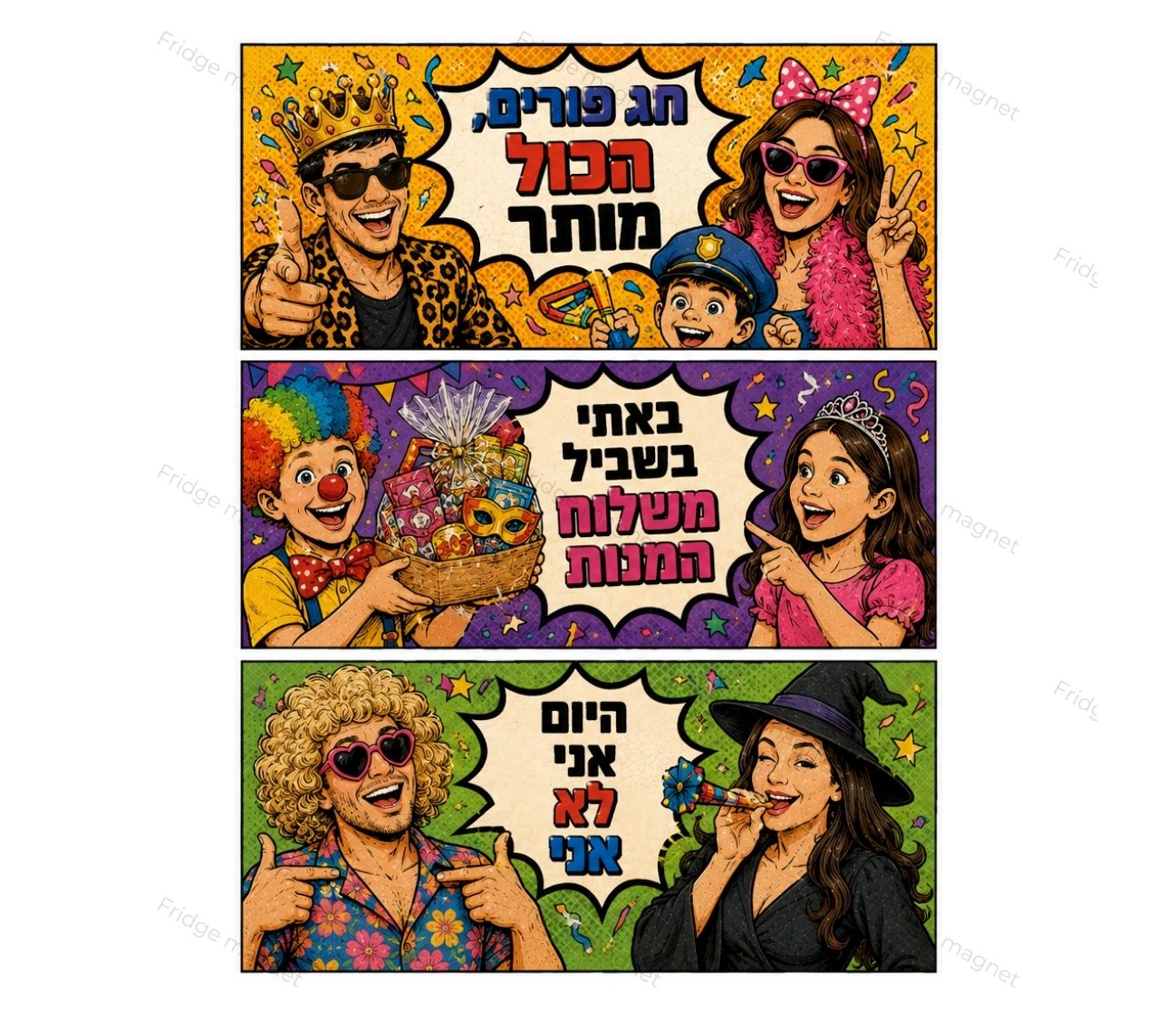 פורים באווירה משוגעת – שלישיית מגנטים מצחיקים עם קריצה ישראלית