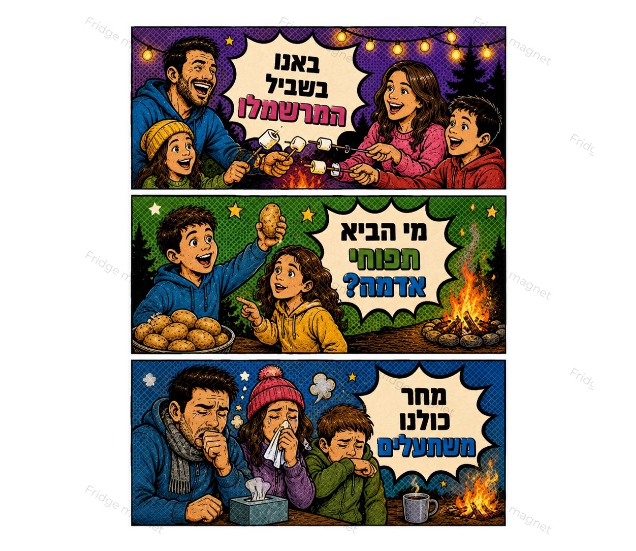 שלושה מגנטים ל"ג בעומר – באנו בשביל המדורה, נשארנו בשביל המרשמלו